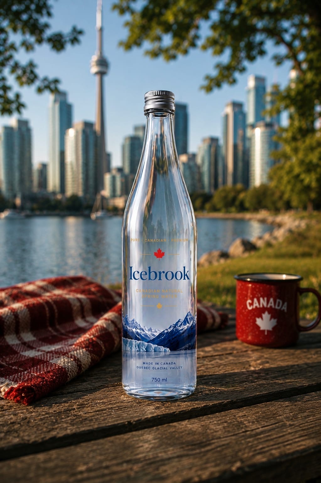 A luxury hotel suite with Icebrook water on the bedside table