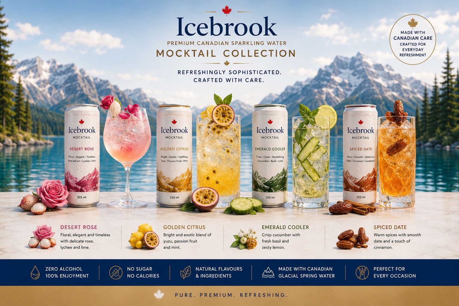 A crisp still-life of Icebrook with seasonal botanicals