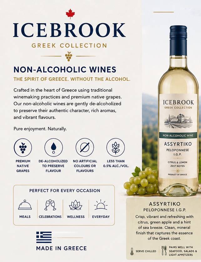 Icebrook Greek Collection — zero alcohol wine from premium Mediterranean grapes